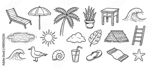 Collection of hand-drawn summer beach doodles featuring a palm tree, sun, wave, and vacation items in a black and white line art style for a tropical holiday concept