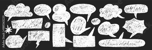 Set of text boxes, speech bubbles and star with crayon or chalk texture. Grunge white vector illustration on a blackboard.