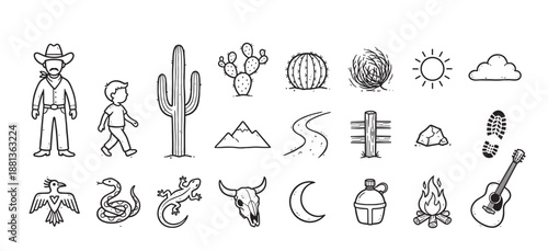 Set of hand-drawn western themed icons featuring a cowboy, cactus, bull skull, and campfire in a rustic black and white doodle style for adventure and travel concepts
