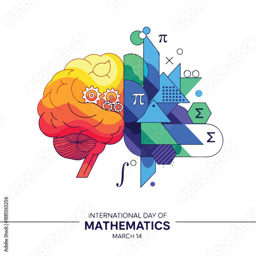 A brain with mathematical symbols on a white background