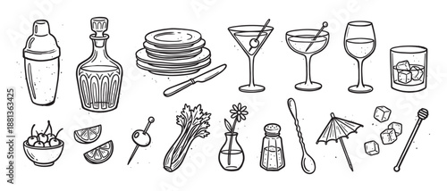 Hand-drawn black and white barware icons collection with a cocktail shaker, glasses, decanter, and garnishes like cherries and olives, illustrated in a simple doodle sketch style