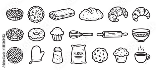 Charming set of hand-drawn bakery and kitchen icons in a black line art doodle style, featuring pastries, bread, baking equipment, and a hot beverage