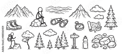 Collection of hand-drawn hiking and camping icons featuring mountains, boots, a stick figure, binoculars, compass, and map in a simple black and white doodle illustration style
