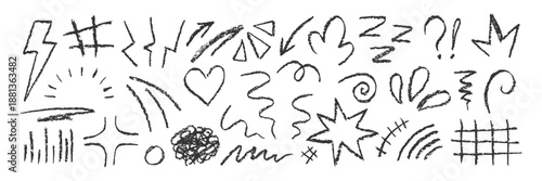 Set of movement elements with crayon, pastel or chalk texture. Expressive, emotion and decoration lines with sun, heart, grid and spot in sketch style. Black vector illustration on a white background.