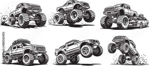Six monster truck illustrations set on transparent background