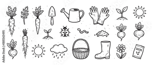 Hand-drawn set of gardening icons in a black and white doodle style showing vegetables, tools, and nature elements for farming and horticulture concepts