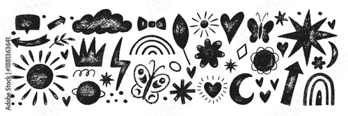 Collection of doodle hand drawn heart, crown, rainbow and clouds with crayon, pastel, chalk or pencil texture. Black vector illustration.