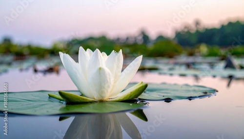 A white lotus blossom floats gracefully on a calm, reflective pond with a soft, blurred background