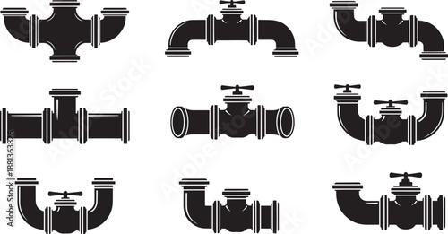 Plumbing pipe fittings and valves icons on transparent background