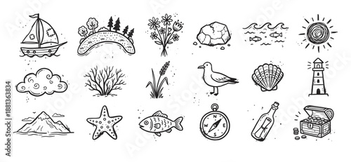 Hand-drawn doodle icon set with various nautical and nature elements in a black and white sketch style, including a sailboat, lighthouse, compass, treasure chest, and seashell