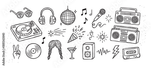 Set of hand-drawn black line doodle icons for a retro music party with a turntable, disco ball, boombox, and microphone in a fun, sketchy illustration style