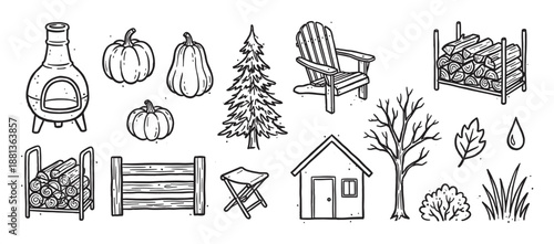 Set of hand-drawn autumn outdoor icons featuring a chiminea, pumpkins, firewood, and an Adirondack chair in a rustic black and white doodle style for seasonal design