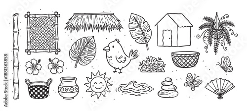Set of hand-drawn tropical doodle illustrations with a bird, bamboo, hut, and exotic plants in a charming black and white line art style for summer and vacation concepts