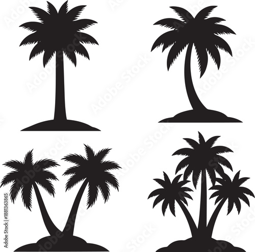 Set of four black palm tree silhouettes over a checkerboard background