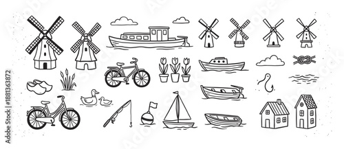 Collection of hand-drawn black line icons featuring traditional European countryside elements like windmills, bicycles, boats, tulips, and rustic houses in a charming doodle style
