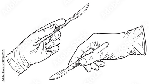 Two hands exchanging scalpel vector line art illustrating sterile instrument handoff protocol, operating room teamwork, surgical safety checklist and equipment lifecycle cost planning