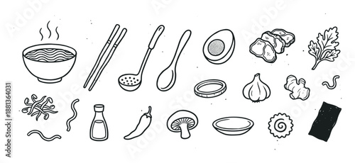 Hand-drawn set of ramen noodle soup ingredients and utensils in a sketchy black and white doodle style, featuring a bowl, chopsticks, egg, meat, and vegetables