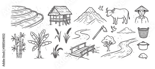 Hand-drawn collection of rural farming illustrations featuring a farmer, water buffalo, rice paddy terraces, stilt hut, and other agricultural elements