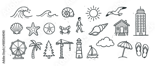 Hand-drawn doodle icon set featuring summer vacation and seaside travel elements like a wave, shell, sun, palm tree, and lighthouse in a simple black and white line art illustration style