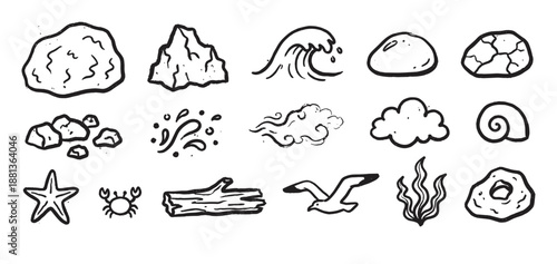 Set of hand-drawn black ink icons featuring seaside and nature elements like waves, rocks, shells, and animals, rendered in a simple, rustic doodle style with a textured effect