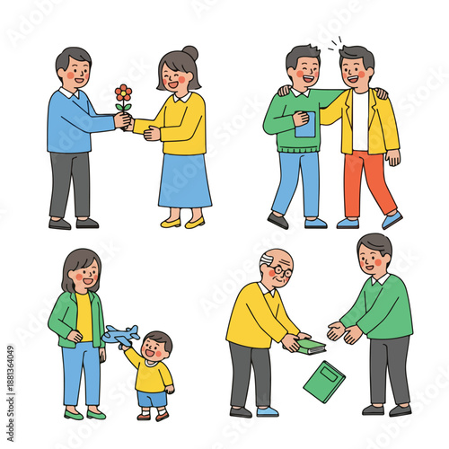 A colorful cartoon illustration of six people in various social interactions