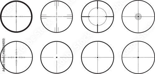 Sniper scope crosshair icons set with various reticle aim patterns