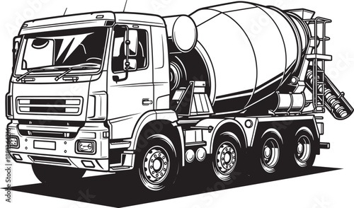 Monochrome print concrete mixer truck front view side isolated vector illustration