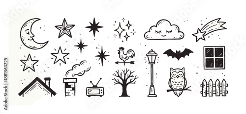 Hand-drawn black and white night-themed icons featuring a crescent moon, stars, sleeping cloud, owl, and bat in a cute doodle sketch style for creative design