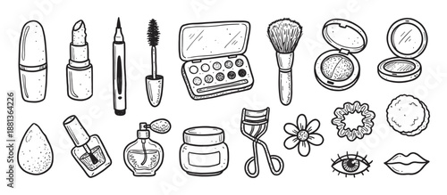 Hand-drawn makeup and beauty product icons set with lipstick, mascara, eyeshadow, and brushes in a charming black and white doodle sketch illustration style for cosmetic design