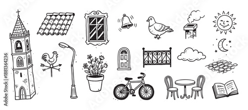 Hand-drawn black and white doodle set of charming town elements featuring a bell tower, bicycle, sun, pigeon, and cafe table in a cute, sketchy illustration style