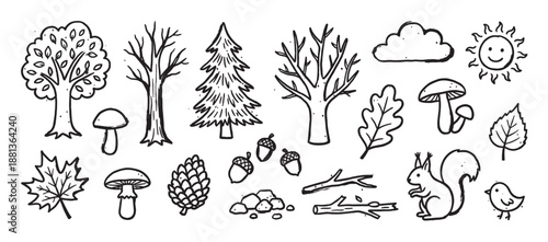 Collection of hand-drawn forest elements featuring trees, a squirrel, mushrooms, and leaves in a cute and simple black and white doodle sketch style for nature-themed designs