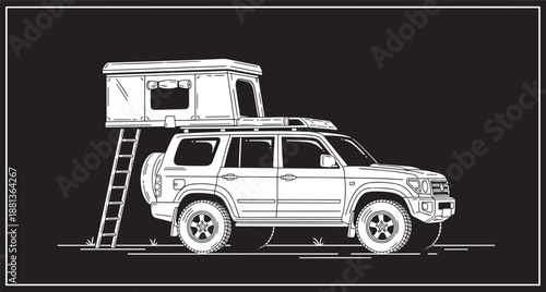 Monochrome print off road sport utility vehicle with roof top tent vector