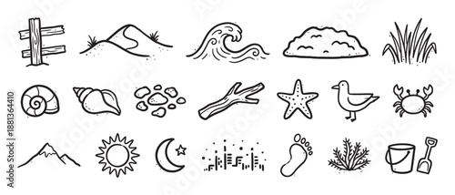 Collection of hand-drawn nature icons featuring beach, sea, and outdoor elements like shells, waves, sun, and mountains in a simple black and white doodle style illustration set