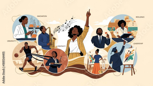 Diverse professionals celebrating success in various fields like science art and sports together in a vibrant collage