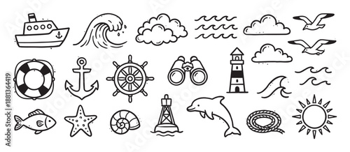 Collection of hand-drawn nautical icons in a simple black and white doodle style, featuring a ship, anchor, lighthouse, dolphin, wave, and other sea-themed elements