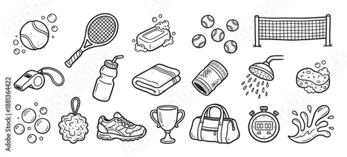 Hand drawn black and white tennis icons set with racket, ball, net, trophy, and shower equipment in a cute doodle style for sports and fitness concepts
