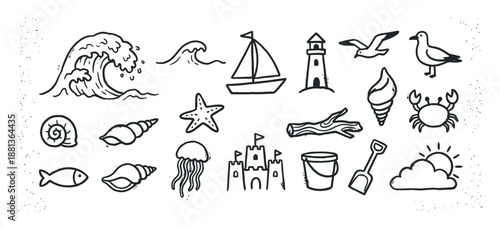 Collection of hand-drawn beach and sea icons including a wave, sailboat, lighthouse, crab, and sandcastle, rendered in a simple black and white doodle line art illustration style