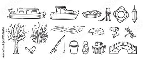 Collection of hand-drawn fishing and boating icons including a boat, fish, rod, and bridge in a simple black and white line art doodle style for nature and outdoor themes