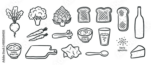 Hand-drawn black and white food icons set with vegetables, bread, cheese, dips, and kitchen utensils in a simple doodle style for culinary or recipe design