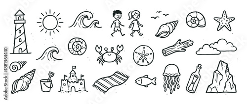 Hand-drawn black and white beach doodle set featuring a lighthouse, sandcastle, crab, and seashells in a charming, playful sketch style perfect for summer vacation concepts