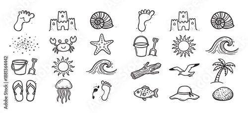 Collection of hand-drawn summer beach icons in a simple black and white doodle style, including a sandcastle, crab, seashell, sun, wave, and palm tree for vacation concepts