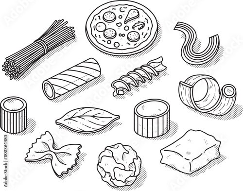 Assorted Italian pasta shapes and ingredients illustration
