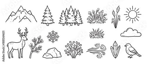 Set of hand-drawn nature icons featuring a deer, mountain, pine trees, and weather symbols in a simple black and white doodle line art style for outdoor and winter themes
