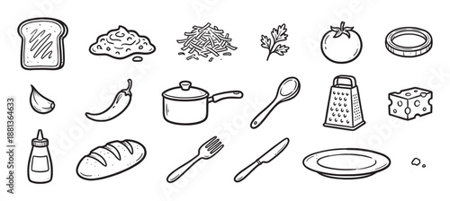 Set of black and white food icons drawn in a simple doodle style, showcasing various cooking ingredients and kitchen utensils like bread, cheese, vegetables, a pot, and cutlery