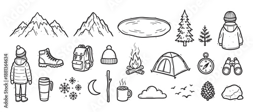 Hand-drawn set of camping and hiking icons including a tent, campfire, mountains, and backpack in a black and white doodle style for outdoor adventure and travel themes