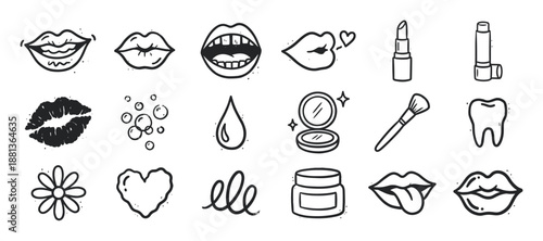 Collection of hand-drawn beauty and makeup icons in a cute doodle style, featuring lips, lipstick, cosmetics, and self-care symbols for a playful and modern design
