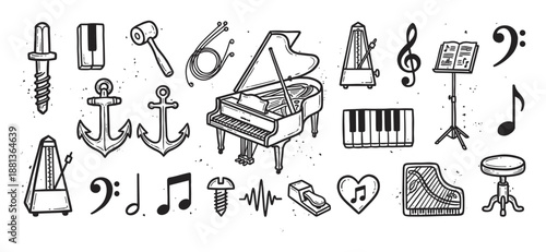 Hand-drawn set of piano and music illustrations with a grand piano, keyboard, metronome, and musical notes in a black and white doodle sketch style