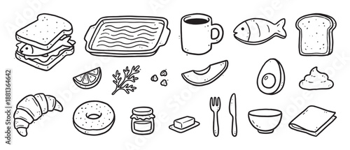 Set of hand-drawn food icons for breakfast and lunch, featuring a fish sandwich, croissant, avocado, coffee, and bagel in a simple black and white doodle line art style