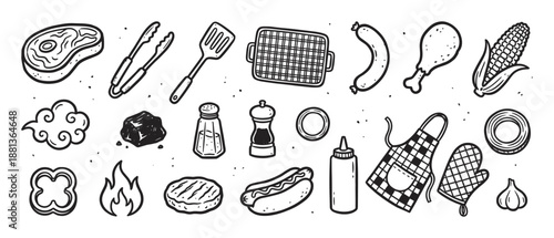Hand-drawn barbecue and grilling icon set featuring various food and equipment like steak, sausage, hot dog, and utensils in a black and white doodle sketch style for a summer picnic