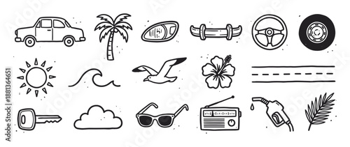 Collection of black and white hand-drawn icons representing a summer road trip adventure with a car, palm tree, sun, and sunglasses in a fun doodle style